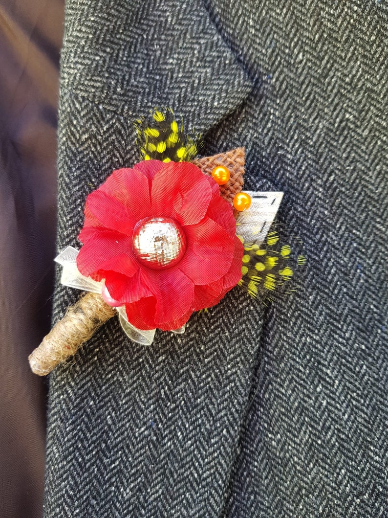 Men Best Man Wedding Boutonniere with shabby chic or gypsy colour theme Red