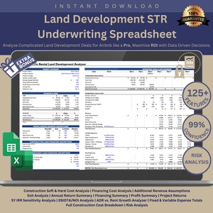 Könnte beinhalten: Ein Laptop-Bildschirm zeigt eine Tabellenkalkulation mit dem Titel "Land Development STR Underwriting Spreadsheet". Die Tabellenkalkulation ist ein Finanzmodell zur Analyse von kurzfristigen Mietimmobilienentwicklungsgeschäften. Die Tabellenkalkulation enthält Abschnitte für Baukosten, operative Cashflows und Umsatzannahmen. Die Tabellenkalkulation soll Investoren dabei helfen, datengesteuerte Entscheidungen über kurzfristige Mietimmobilienentwicklungsprojekte zu treffen.