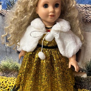 Gold holiday dress with shoes , necklace and cape American girl doll 18”