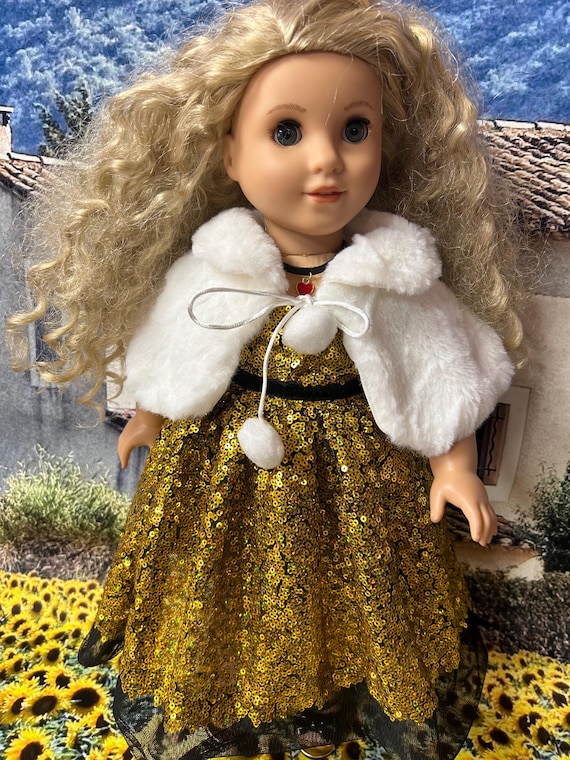 Gold holiday dress with shoes , necklace and cape American girl doll 18