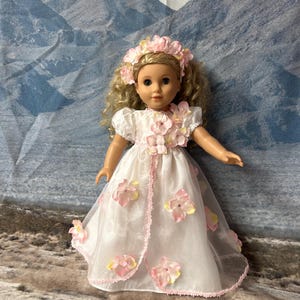First communion. white dress with pink flowers,headband and white shoes for American doll 18”