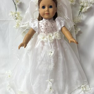 First communion. white dress with veil and white shoes for American doll 18”