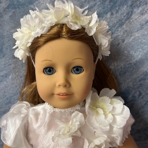 First communion. white dress with headband and white shoes for American doll 18”