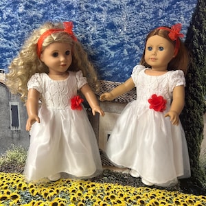 Handmade White Doll Dress with Red Flower, white  shoes & Headband – Fits 18-Inch Dolls