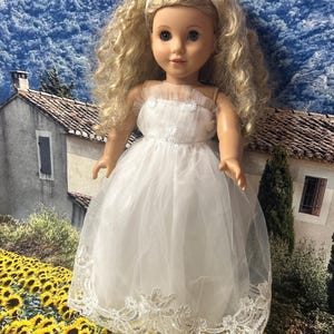 White Lace & Tulle Formal Dress with Headband for 18-Inch Dolls – Flower Girl or Special Occasion Outfit