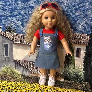 Adorable Doll Outfit - Denim Cat Dress, rotes T-Shirt & Sonnenbrille - Passt American Girl