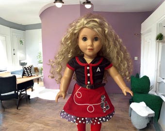 Retro Poodle Skirt Outfit for 18-Inch Doll | Red & Black Vintage-Inspired Dress with Polka Dot Trim
