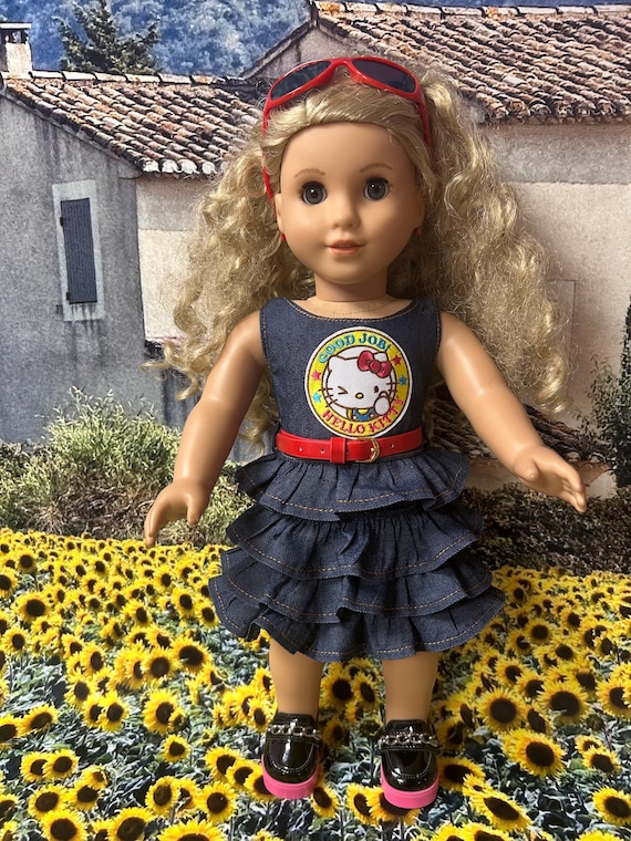 Denim dress Hello Kitty with belt, sunglasses for American girl doll 18