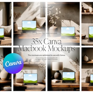 May include: A collage of images showcasing Macbook mockups. The text reads "35x Canva Macbook Mockups" and "Showcase Your Designs". The mockups are optimized for use with Canva. The Canva logo is also visible.