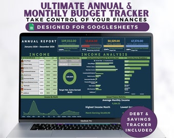 Planificador de presupuesto para Google Sheets - Hoja de cálculo de presupuesto anual y mensual / Planificador financiero / Rastreador de gastos / Rastreador de ahorros / Liquidación de deudas