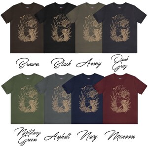 May include: A collection of eight short-sleeve t-shirts in brown, black, army green, dark gray, military green, asphalt, navy, and maroon. Each shirt features a tan line-art graphic of a person with flowing hair and the text Tay in the Wind.