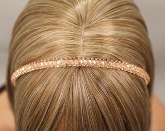 Champagne Crystal Beaded Headband, Rose Gold Bridal Hairband, Handmade Rhinestone Wedding Headpiece
