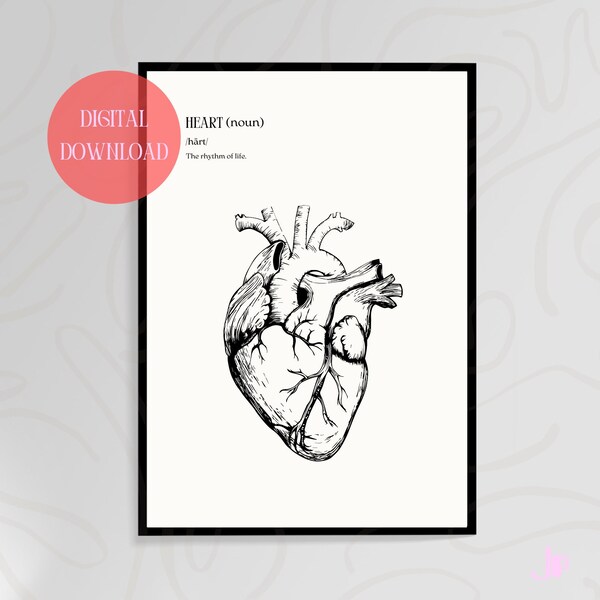 Heart Meaning Line Art, Digital Download, Printable Poster, Doctor Wall Decor, Trendy Real Anatomy Design, Human Heart Detailed, Aesthetic