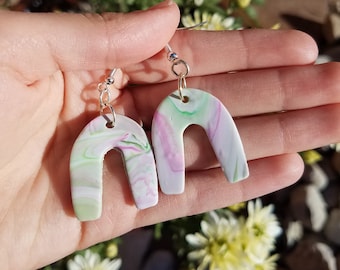 Handmade Polymer Clay White, Pink, and Green Marble Design Dangle/Drop Arch Earrings