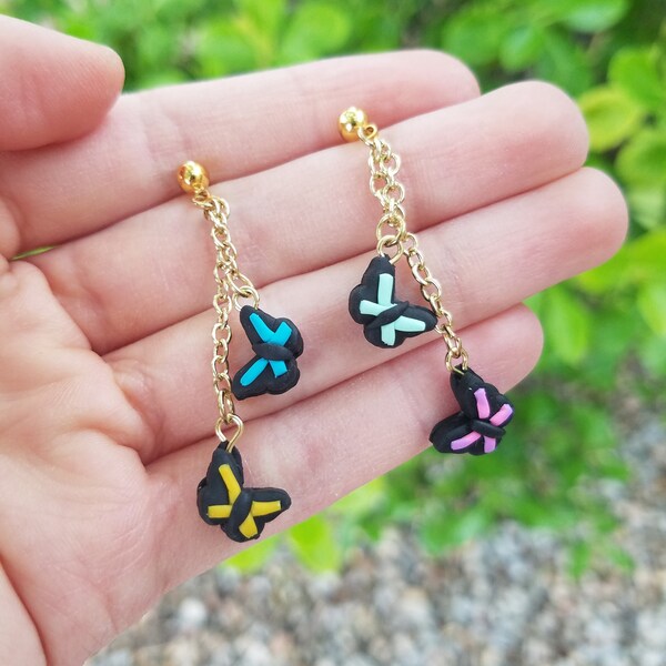 Handmade Polymer Clay Butterfly Dangle/Drop Earrings with Chain