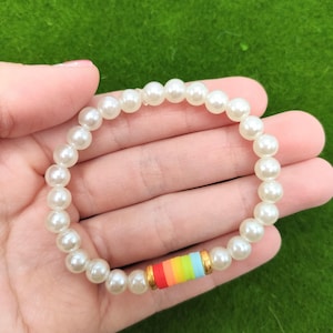Rainbow and Pearls Clay Bead Bracelet  | Handmade Heishi Bracelet | Preppy Clay Rainbow Bracelet