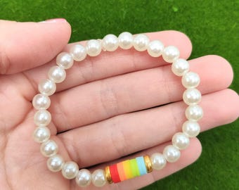 Rainbow And Pearls Clay Bead Bracelet: Handmade Heishi Bead Bracelet