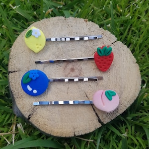 Handmade Polymer Clay Summer Fruit Frenzy Hair Pins Set of Two (Left and Right Bobby Pins)