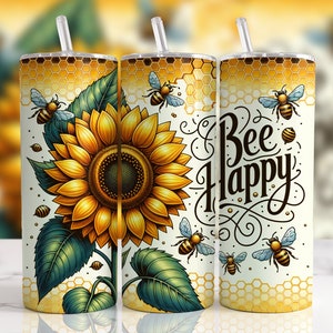 Bee Happy, Sunflower png, Tumbler Wrap, Sublimation Design, 20oz Skinny, Instant Digital Download,