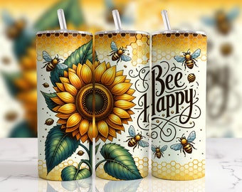 Bee Happy, Sunflower png, Tumbler Wrap, Sublimation Design, 20oz Skinny, Instant Digital Download,