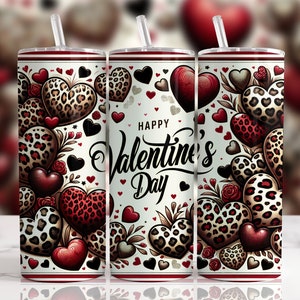 Valentine tumbler wrap, Leopard Print Hearts "Happy Valentines Day" Tumbler Sublimation Designs 20 oz Skinny Wrap