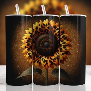 Sunflower Tumbler Wrap, Sublimation Design, 20oz Skinny, PNG Instant, Digital Download, Leopard Print Png,