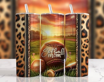 Softball Mom 20oz Tumbler Wrap: Leopard Print Sublimation Design (PNG Digital Download)