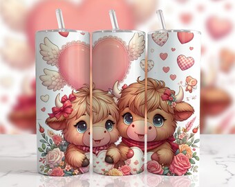 Valentines Highland Cow 20oz Tumbler Wrap Sublimation Design (PNG)