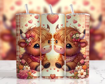 Highland Cow Valentine Tumbler Wrap: 20 oz Sublimation Design (PNG)