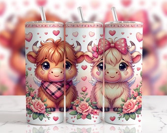 Valentines Highland Cow Tumbler Wrap: 20 oz Skinny Design (PNG Digital Download)
