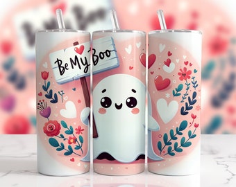 Valentine Ghost Tumbler Wrap: "Be My Boo" 20oz Skinny Design (Digital Download)