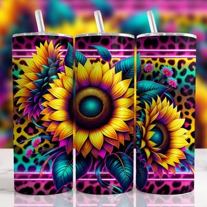 Sunflower Png, Leopard Print, Tumbler Wrap, Sublimation Design, 20oz Skinny, Instant, Digital Download,