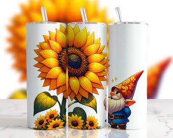 Sunflower Tumbler Wrap, Gnome png, Sublimation Design, 20oz Skinny, Digital Download,