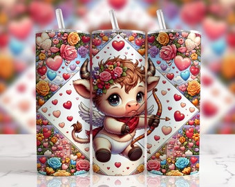 Valentine tumbler wrap, Highland Cupid  Tumbler Sublimation Designs 20 oz Skinny Wrap Digital Download File