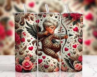 Leopard Cupid Valentine Tumbler Wrap: 20oz Skinny Design (PNG Digital Download)