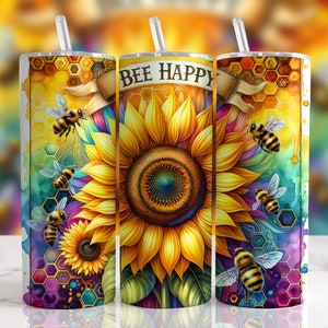 Sunflower png,  Bee Happy. Tumbler Wrap, Sublimation Design, 20oz Skinny, Instant Digital Download,