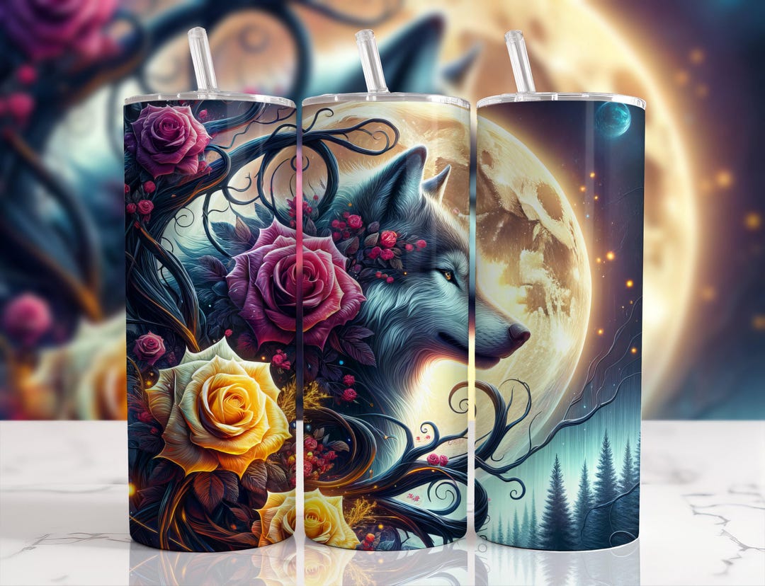 Wolf Png, Moonlit Wolf & Roses Tumbler Wrap, Holiday Sublimation Design ...