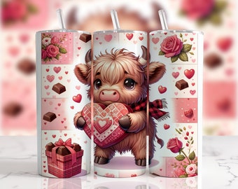 Highland Cow Valentine Tumbler Wrap: 20 oz Sublimation Design (PNG)