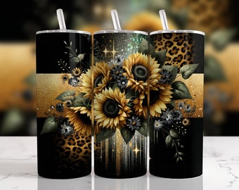 Leopard Print Png, Sunflower Tumbler Wrap, Sublimation Design, 20oz Skinny, PNG Instant, Digital Download,