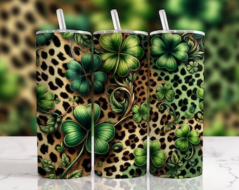 May include: Three stainless steel tumblers with a green shamrock and leopard print design.