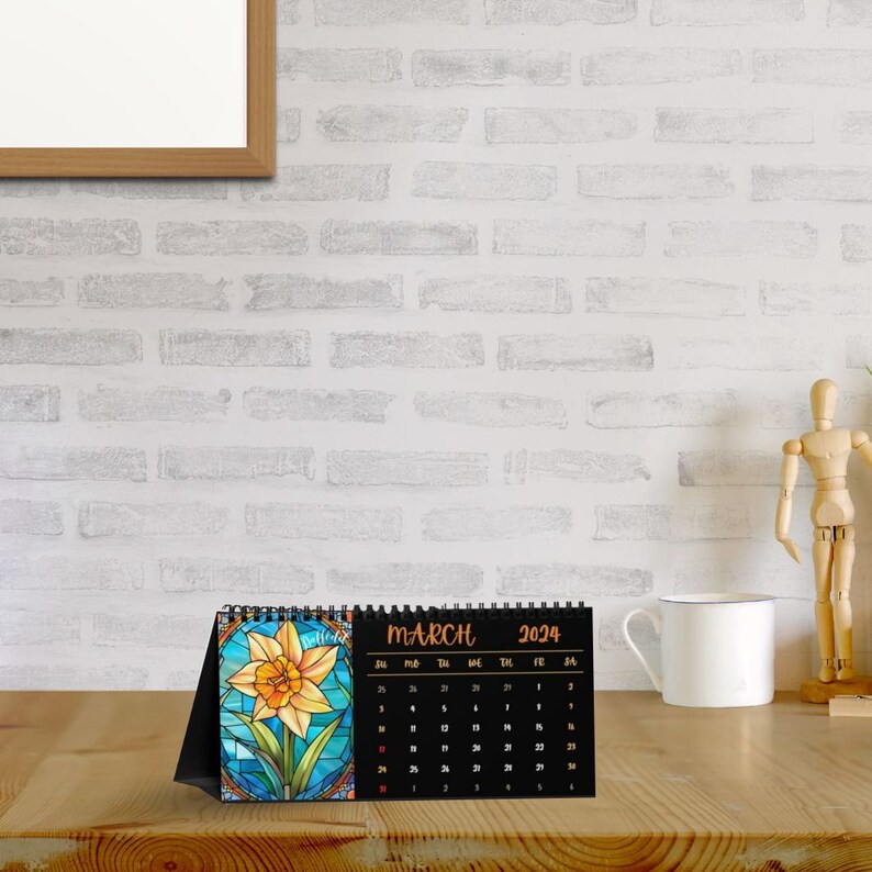 2024 Desk Calendar, Birth Flower Calendar, Stained Glass Design