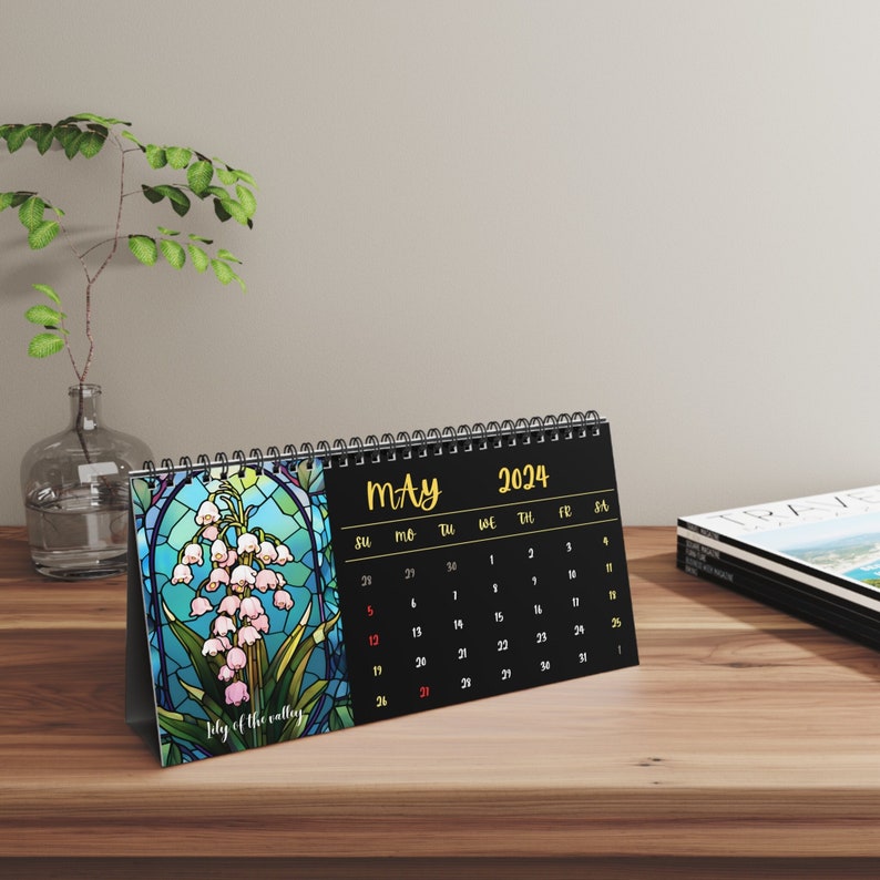 2024 Desk Calendar, Birth Flower Calendar, Stained Glass Design