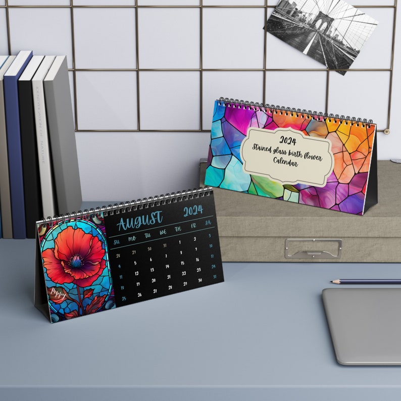 2024 Desk Calendar, Birth Flower Calendar, Stained Glass Design