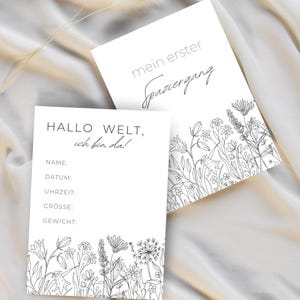 Cartes d'anniversaire pour bébé - Bonjour tout le monde, je suis là ! - Motif simple de fleurs sauvages - 28 cartes - Version numérique - Cadeau de naissance