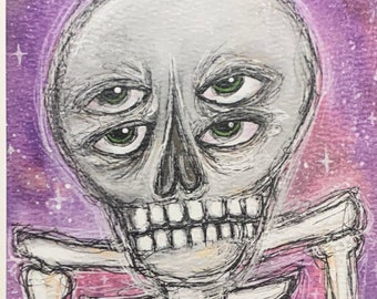 May include: A watercolor painting of a skeleton with a skull that has three eyes. The skeleton is against a purple background with white stars.