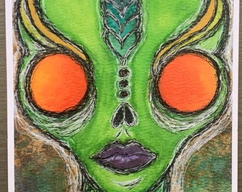 May include: A watercolor painting of an alien with green skin, orange eyes, and a purple mouth. The alien has a third eye in the center of its forehead, which is a rainbow of colors. The background is a dark green and brown.