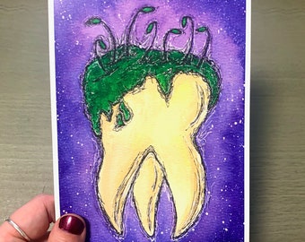 May include: A watercolor painting of a large tooth with green moss growing on top. The tooth is yellow and the moss is a vibrant green. The background is a purple and white starry sky.