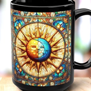 Mystical Sun Moon Stars Stained Glass Mug - Coffee Cup with Stained Glass Design/Celestial Gifts/Magical Kitchen Decor