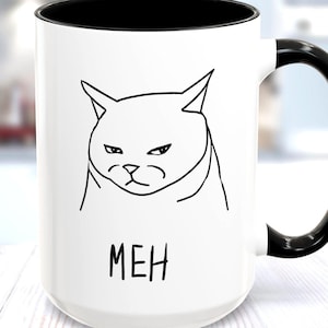 Funny Meh Cat Coffee Mug Gift for Apathetic People, Hand-Drawn Cartoon, Bored Kitty Tea Cup for Home or Work, Sarcastic Cat Lover Gift