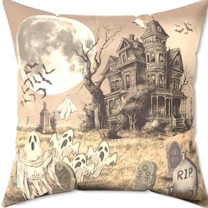 Haunted House Halloween Throw Pillow: Spooky Ghosts & Bats Accent Decor, Multiple Sizes
